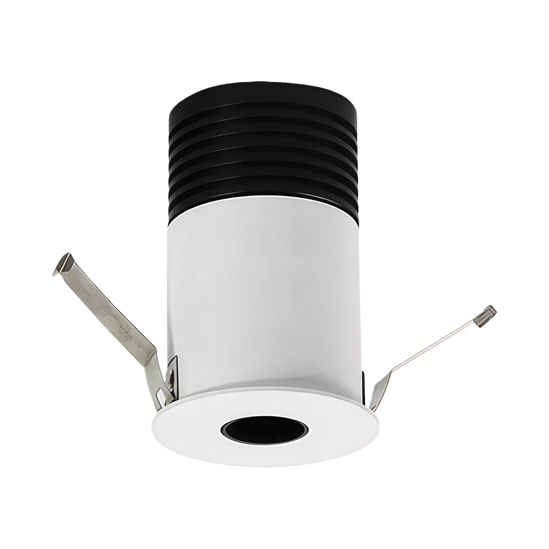 Modern recessed LED ceiling light with round white body and black ribbed heat dissipation cap.