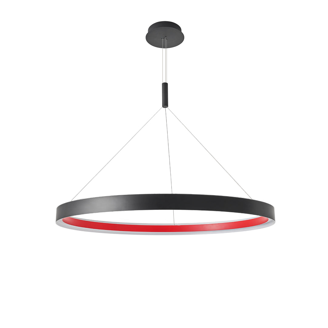 Modern ring chandelier shown from a front hanging angle, featuring a slim black circular frame with red inner accent and minimalist suspension wires.