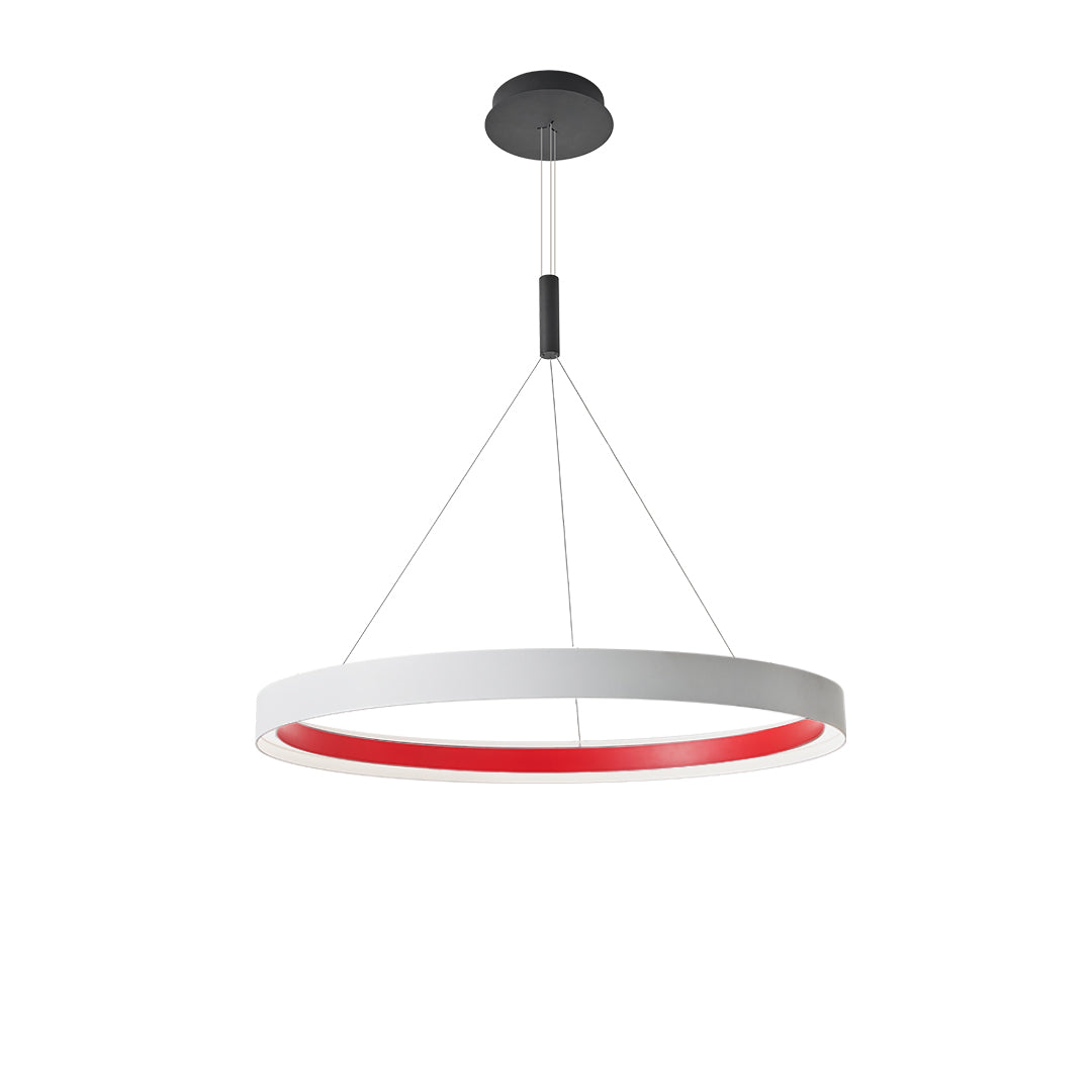 Modern ring chandelier shown from a front angled view with a slim circular frame, suspended cables, and soft integrated lighting for a clean contemporary look.