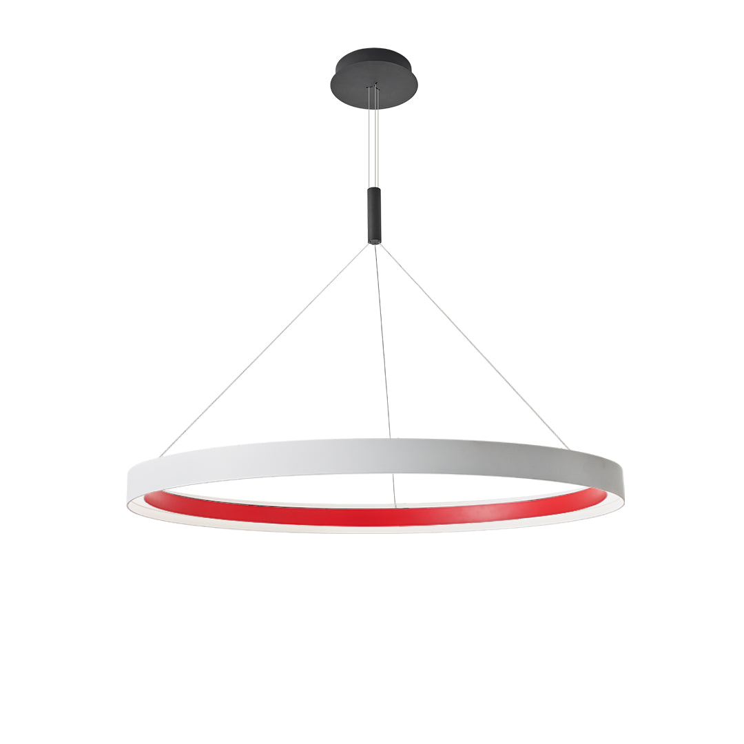 Modern ring chandelier displayed from a slightly lower perspective, highlighting the circular form, suspension wires, and minimal LED design against a white background.