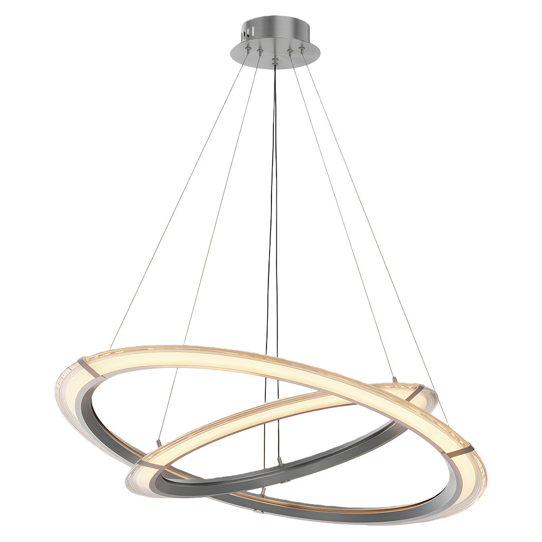 Modern round chandelier with a black finish, hanging in a stylish dining room.