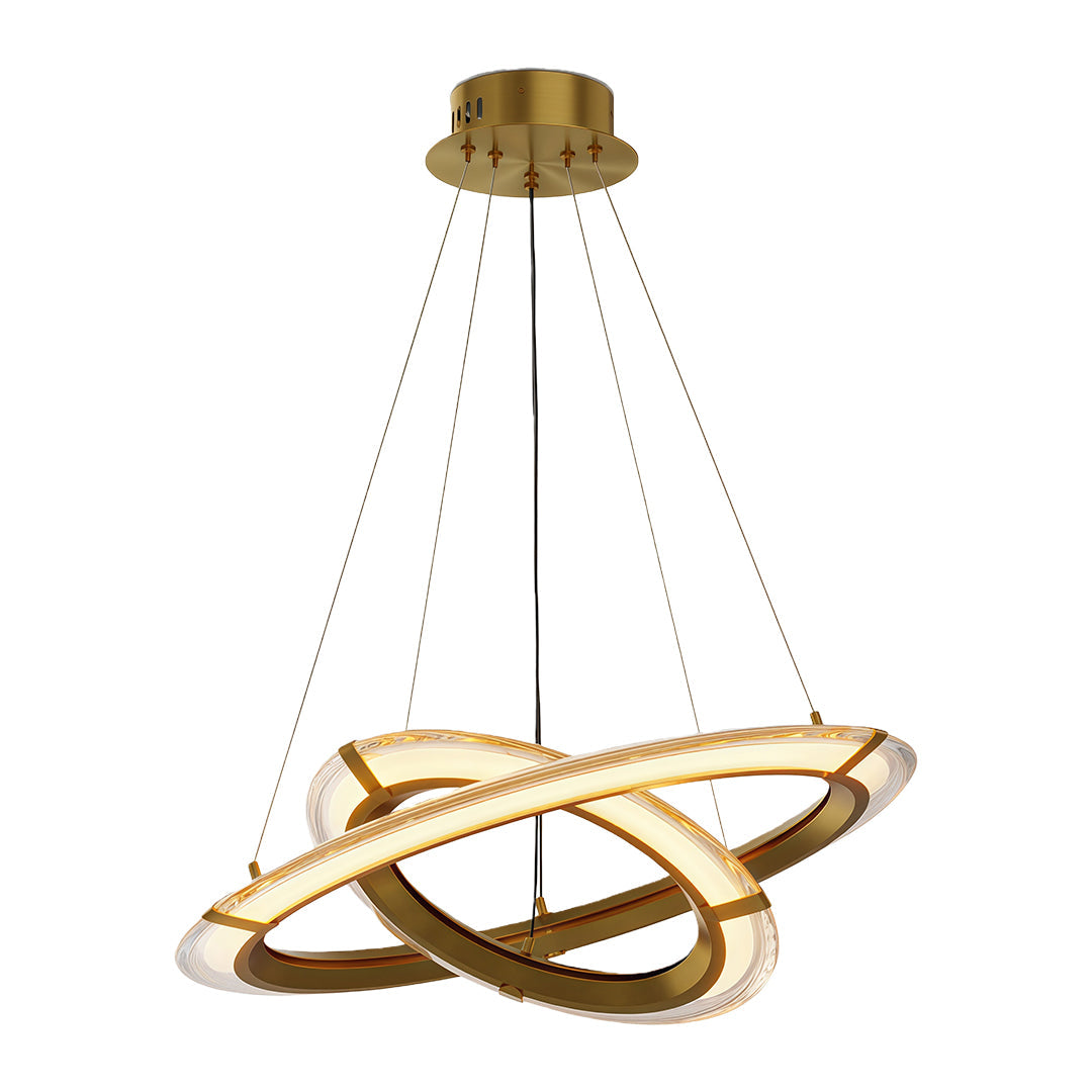 Modern round chandelier with a black and gold finish, hanging above a dining table.