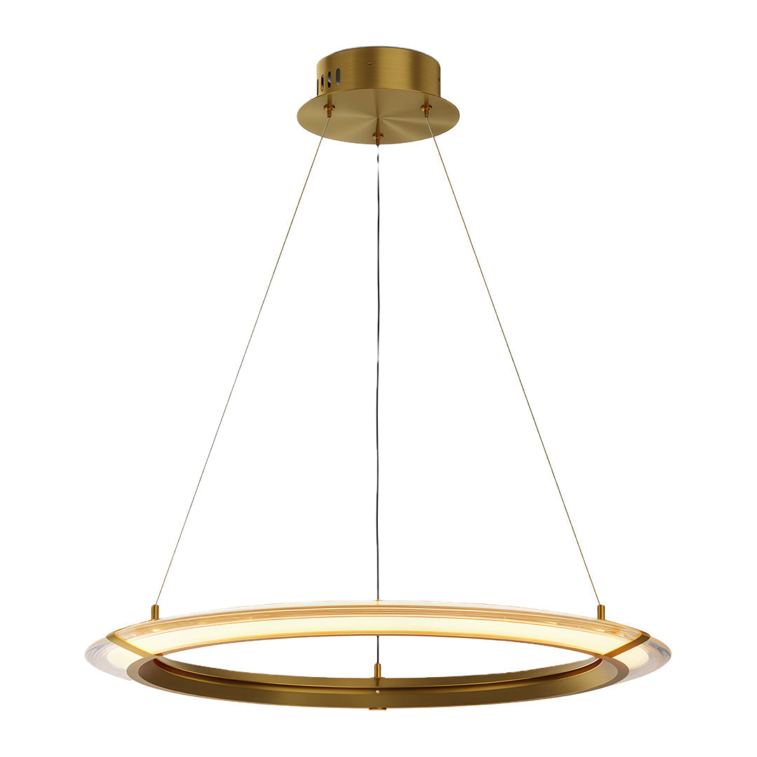 Modern round chandelier with a gold finish, hanging above a dining table in a stylish interior.