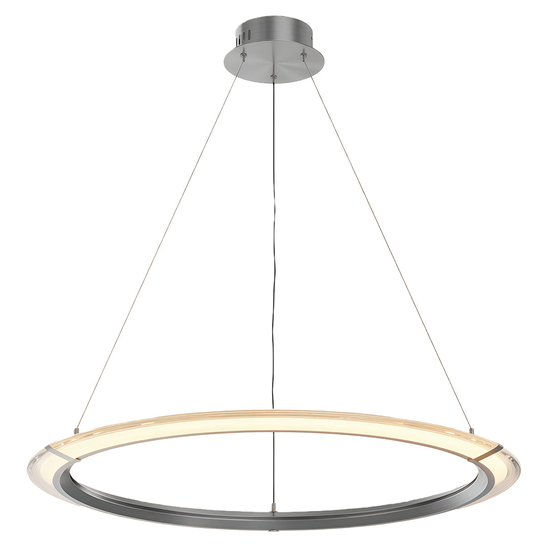 Modern round chandelier with a gold finish, hanging in a modern interior with a minimalist theme.