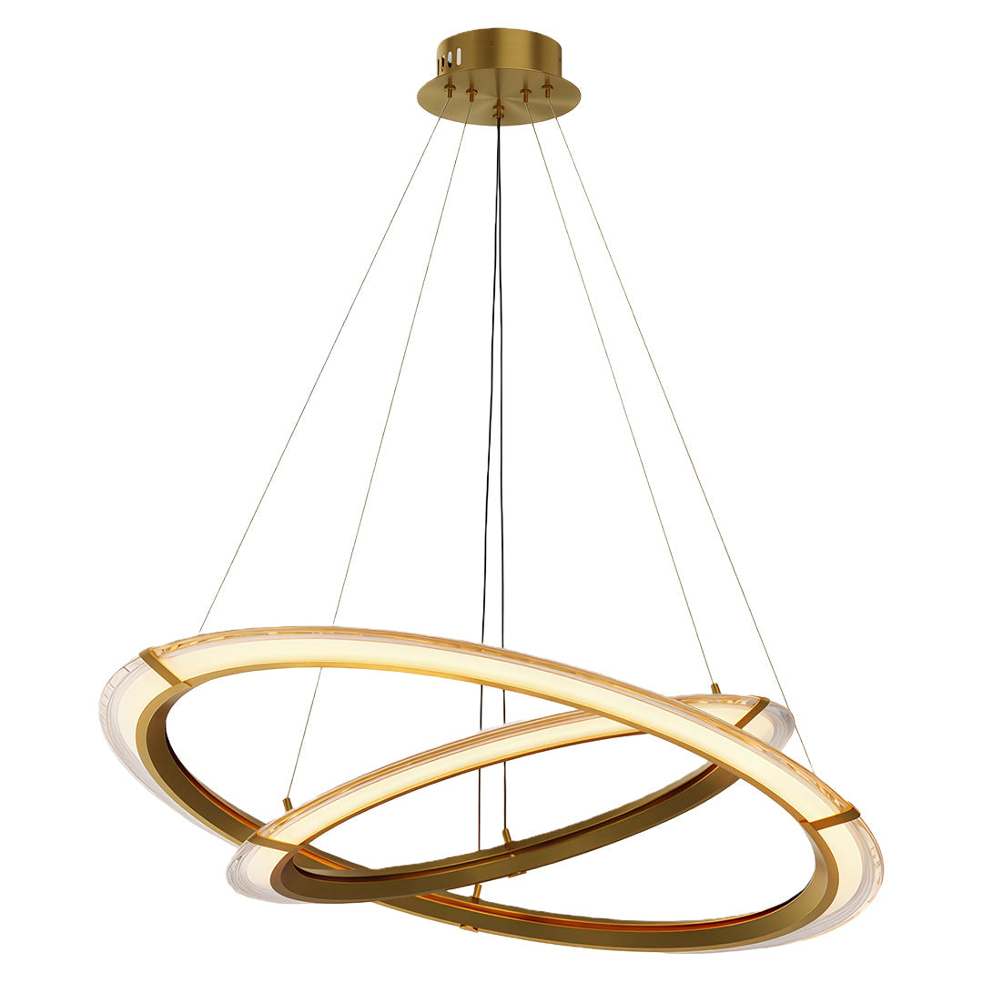 Modern round chandelier with intertwined rings, adding a contemporary touch to a dining space.