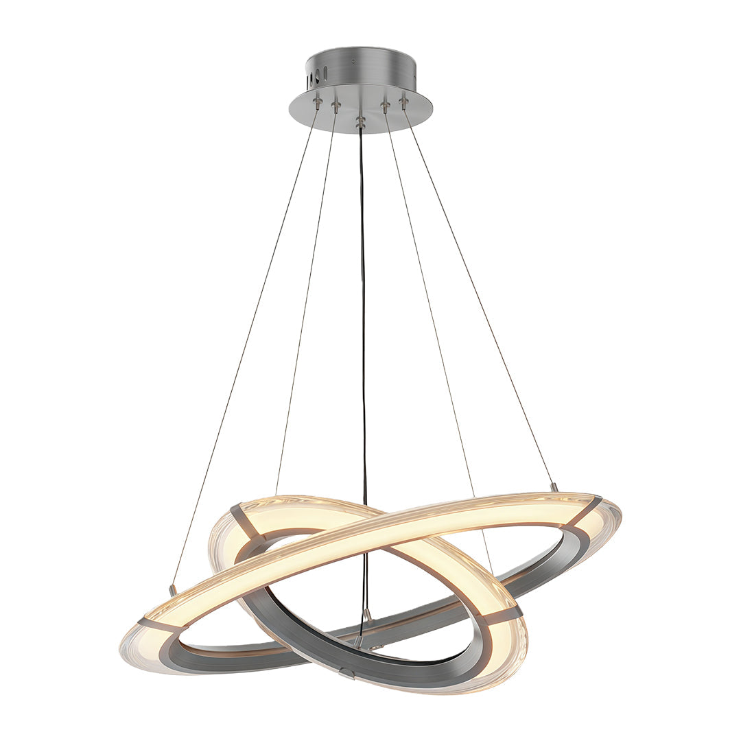 Modern round chandelier with intertwined circular rings, suspended in a modern dining room.