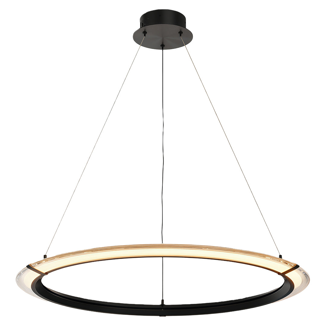 Modern round chandelier with a silver finish, adding a sleek touch to a dining area.