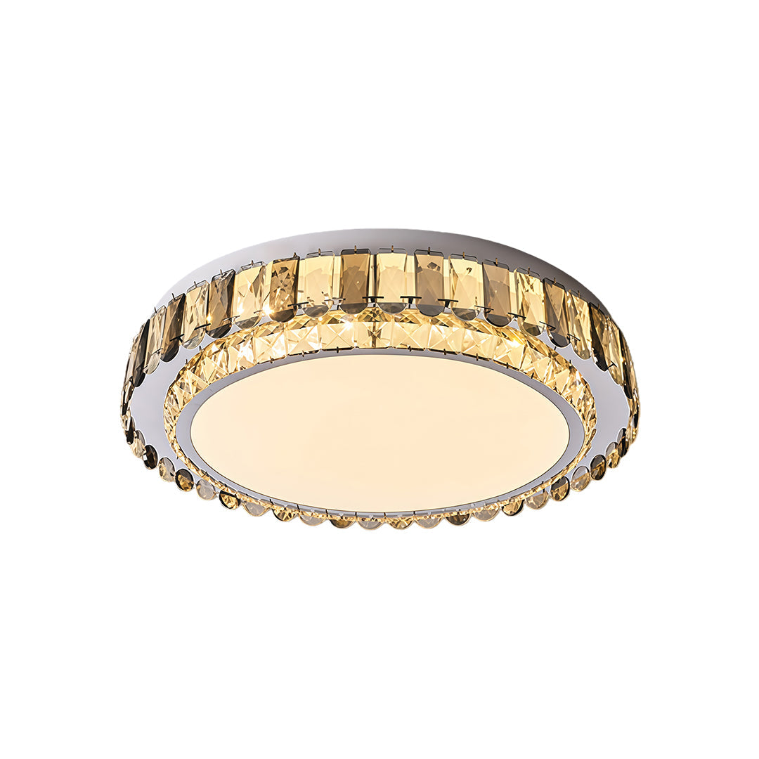 Modern round LED light fixtures flush mount with gold and crystal frame.