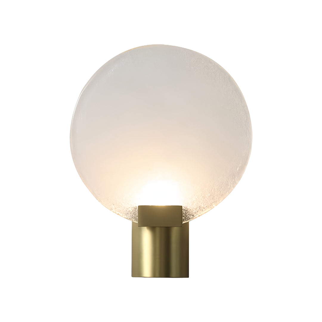 Modern round wall light with a frosted glass shade and gold base, displayed against a plain background.