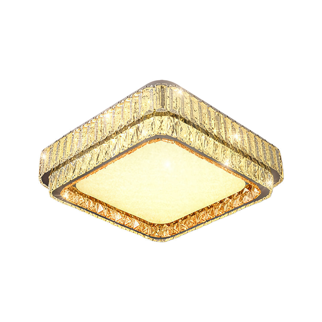 Modern square contemporary flush mount lighting featuring glass shade chandelier influence with luxurious gold and crystal design.