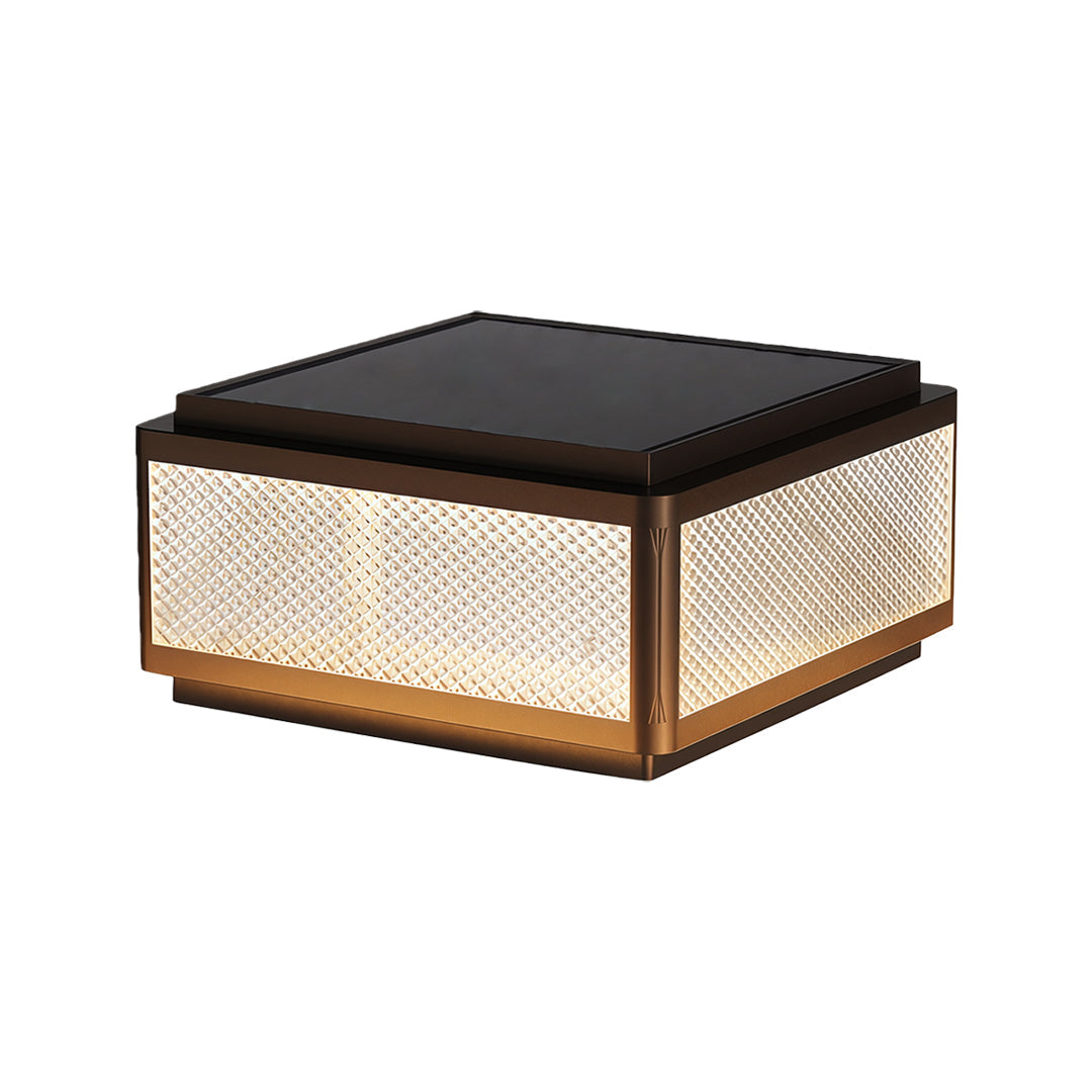 Modern square outdoor pillar light with a sleek design and warm light, perfect for patios and pathways.