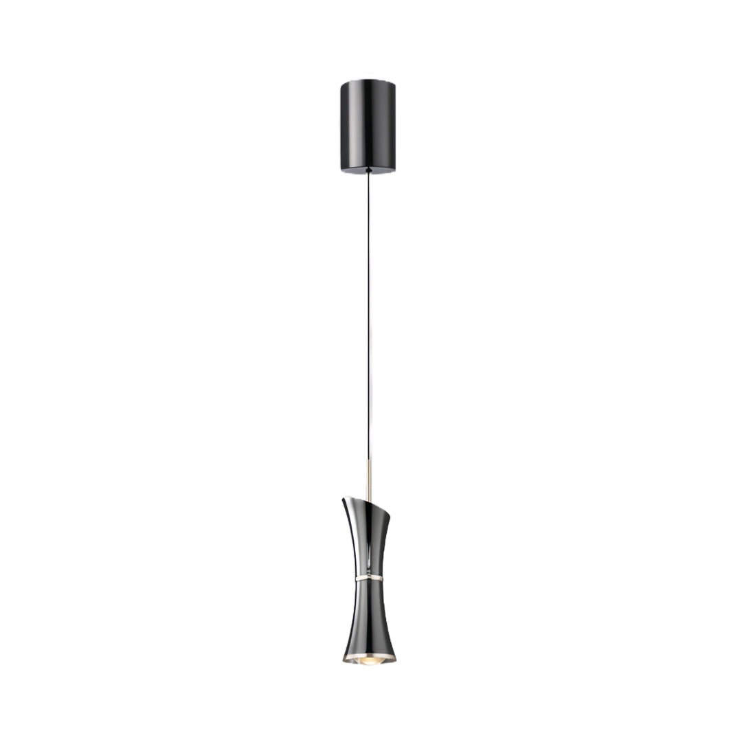 Modern small black pendant light with streamlined profile and ceiling suspension system
