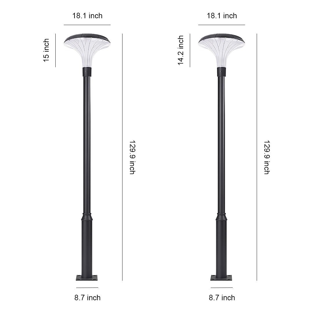Modern street lighting fixture with a unique design, installed along a well-lit pathway.