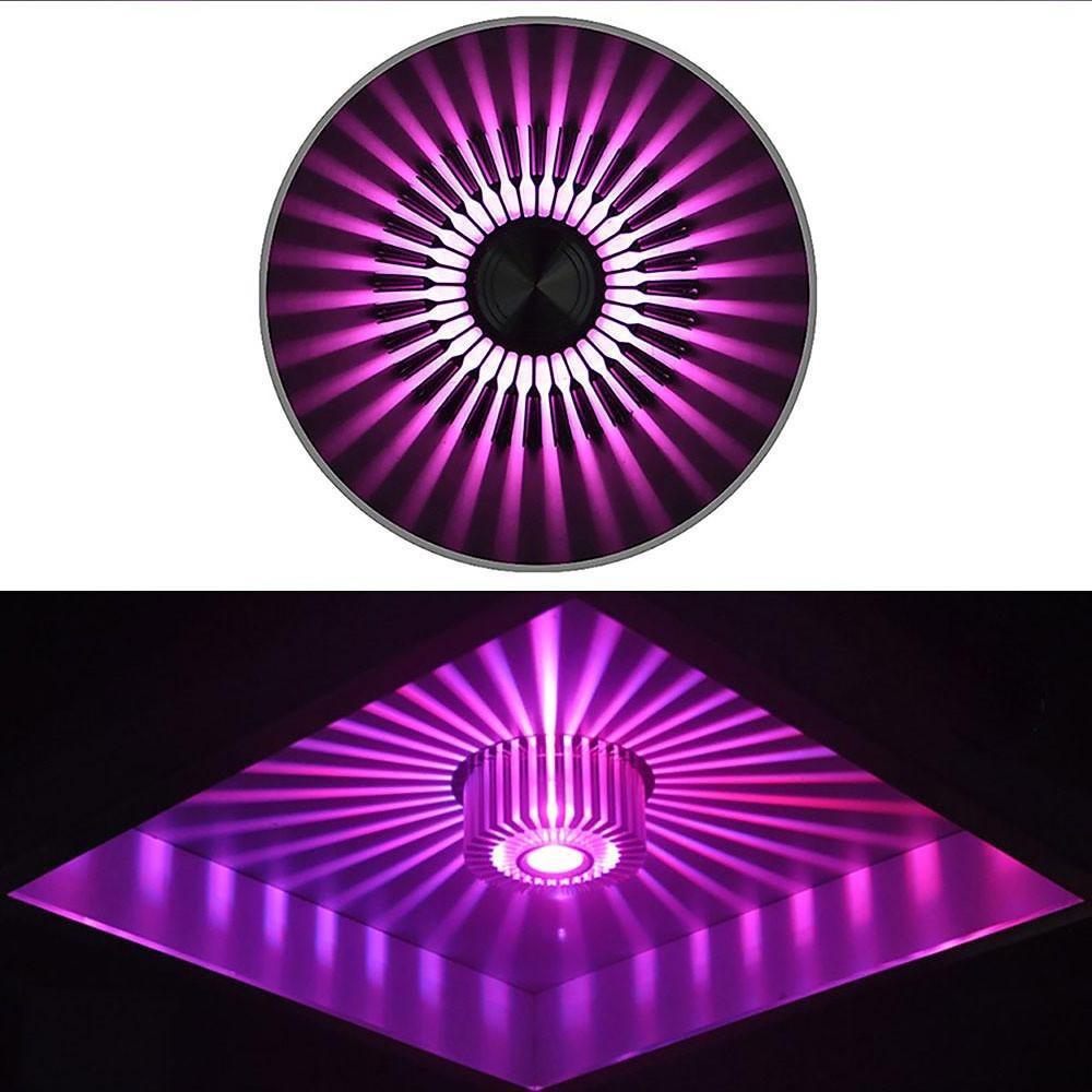 Modern sunburst ceiling fixture with a close-up of the purple light pattern.