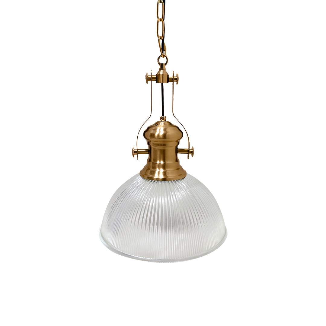 Modern textured glass pendant light featuring clear ribbed shade and gold mounting for contemporary interior design, 12 inch width.