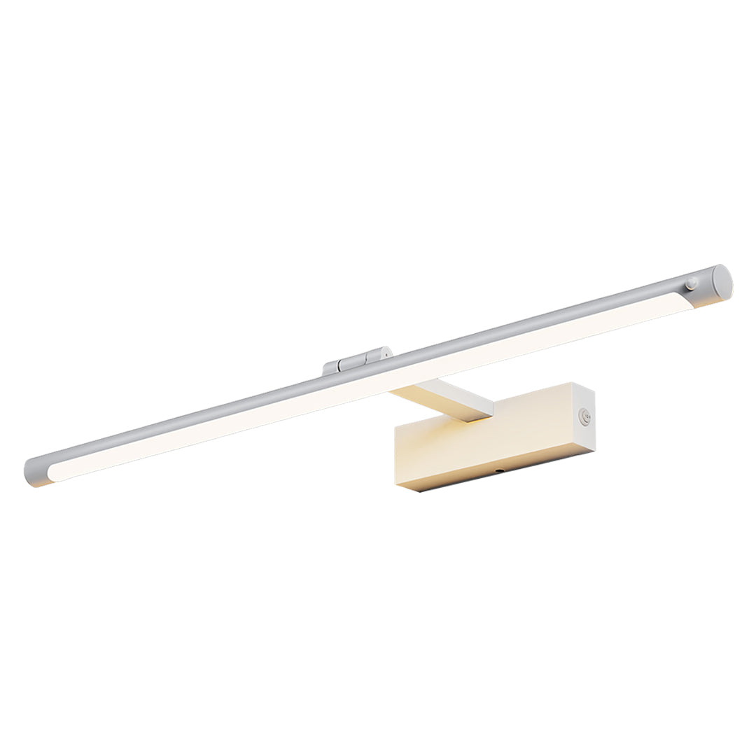 Modern bathroom vanity light with beechwood base and brushed steel LED fixture design