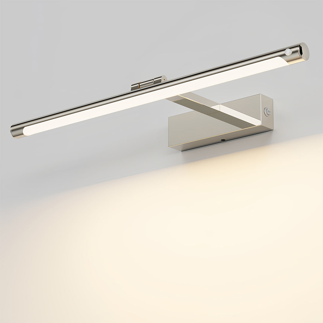 Close-up of modern bathroom vanity light showing chrome finish and crystal-accented LED bar detail