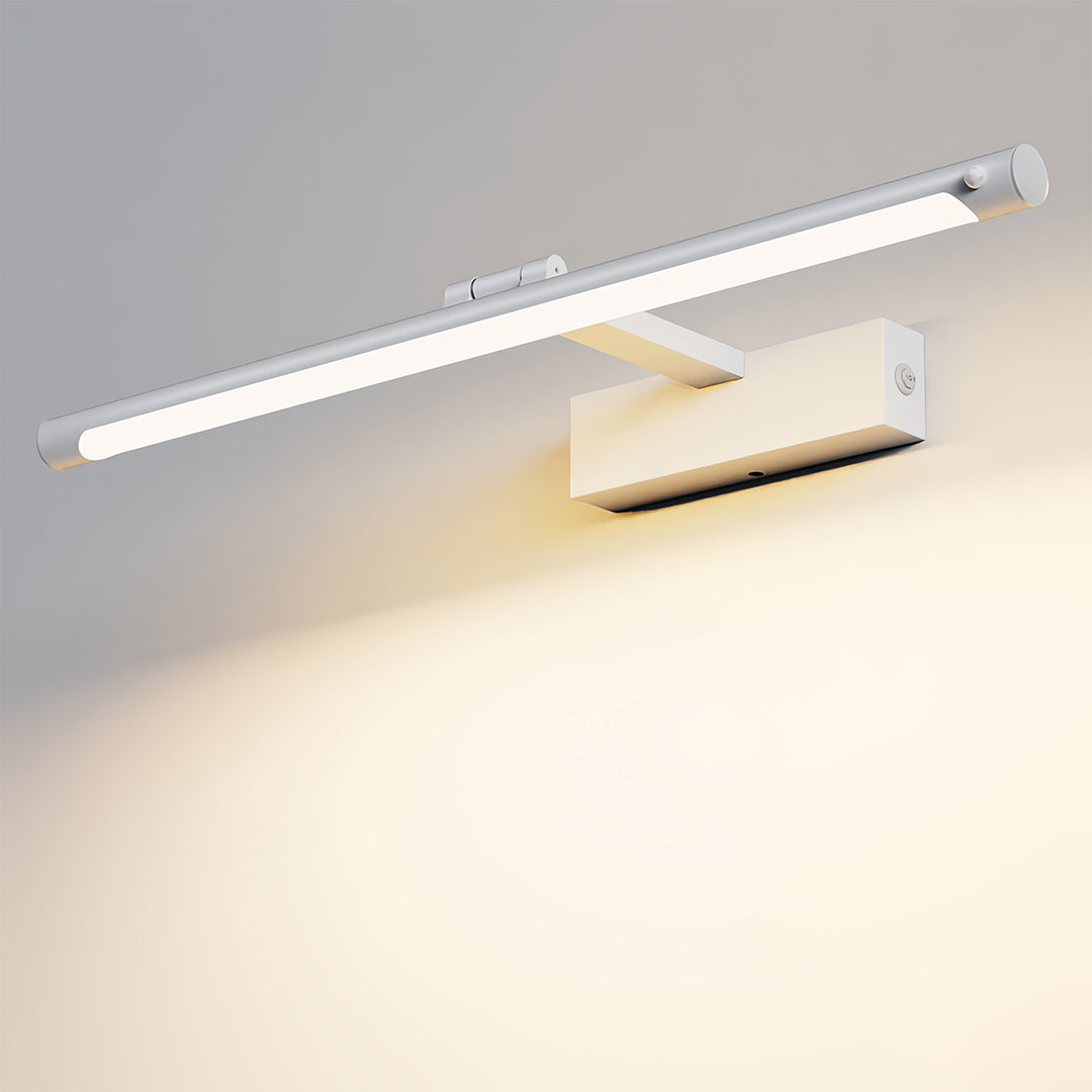 Detailed view of modern bathroom vanity light displaying warm LED glow and wood base construction