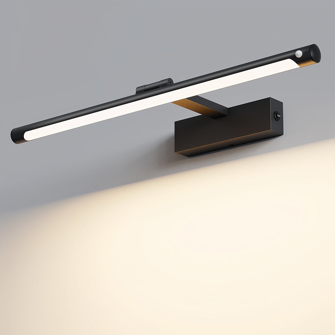 Modern bathroom vanity light in matte black creating contemporary contrast against neutral wall