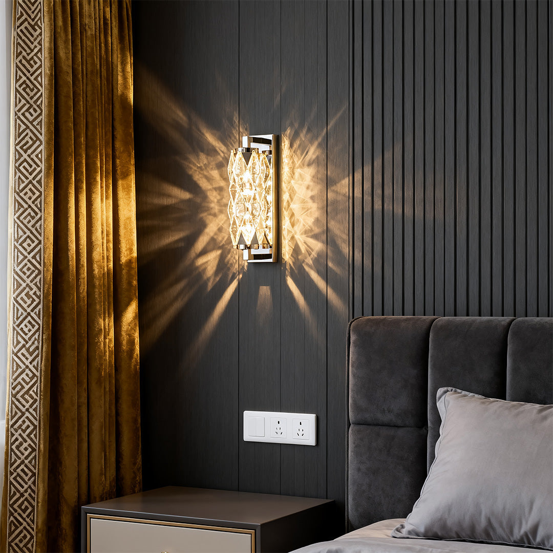 Modern wall light creating ambient glow on beige wall with warm golden light diffusion.