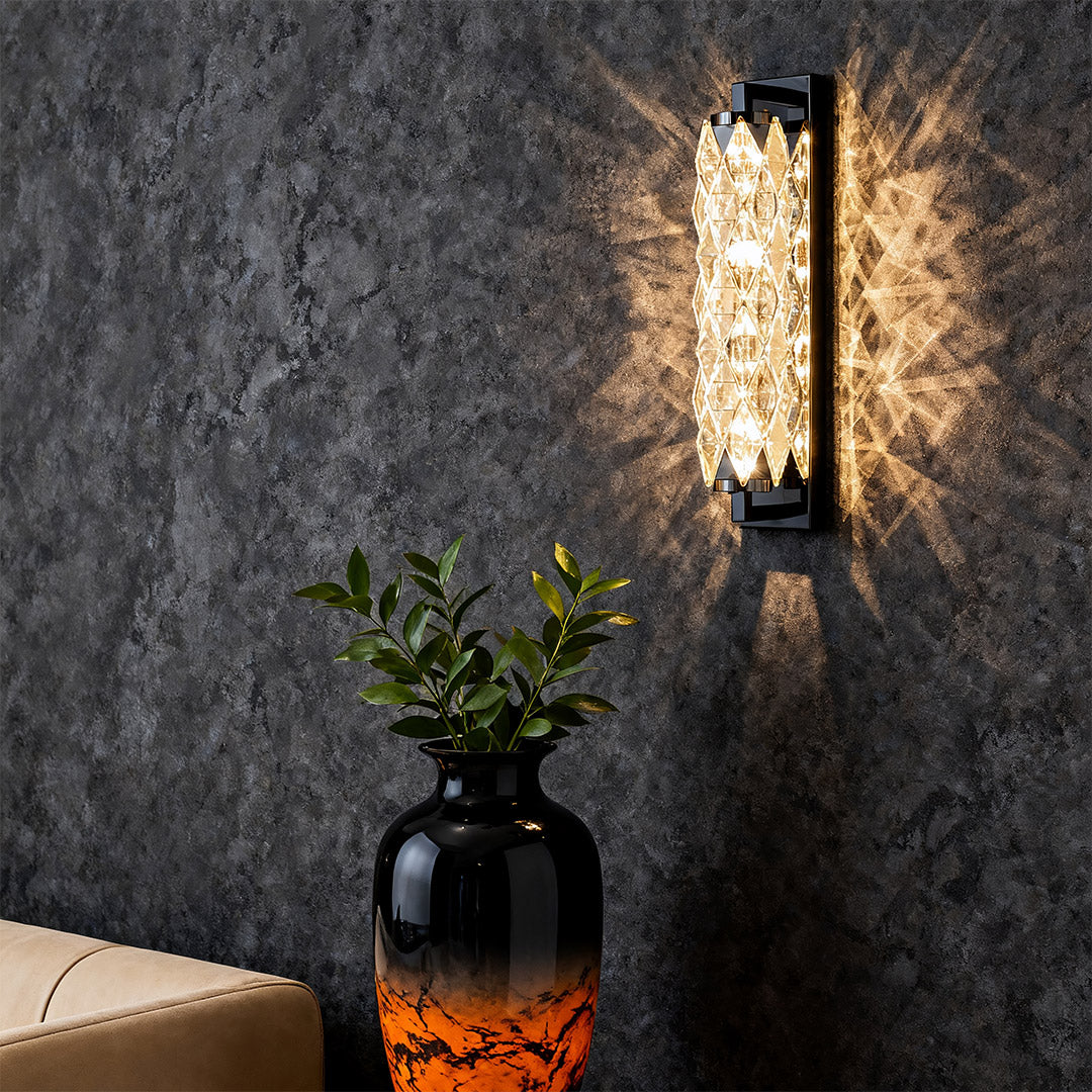 Modern wall light installed in grey bedroom with decorative lighting effect on textured wall.