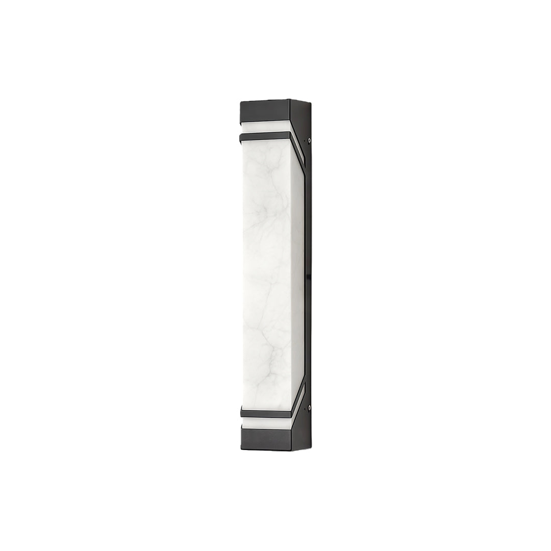 Modern wall mounted exterior lights featuring glass shade chandelier aesthetic in tall angular design with frosted panel diffuser.
