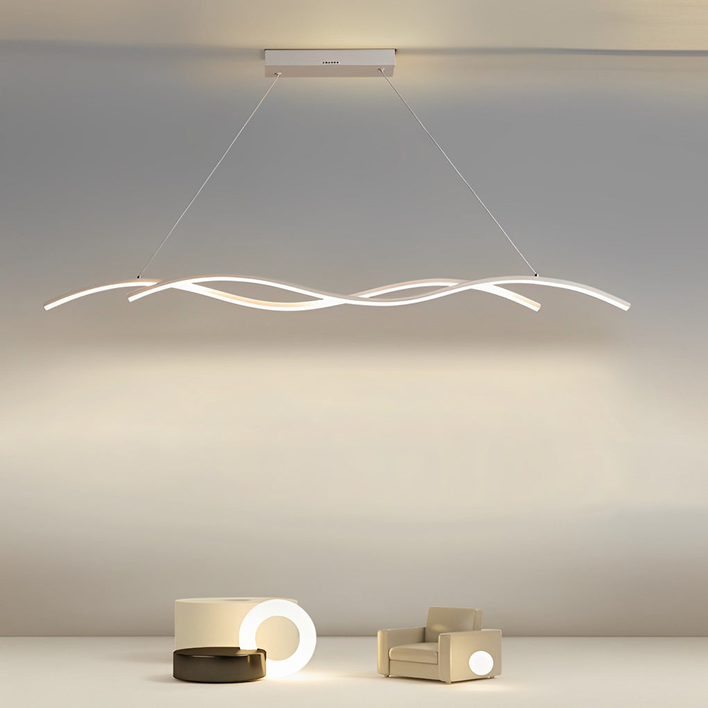 Close-up detail of modern wave LED pendant light showing smooth curves and matte metal finish.