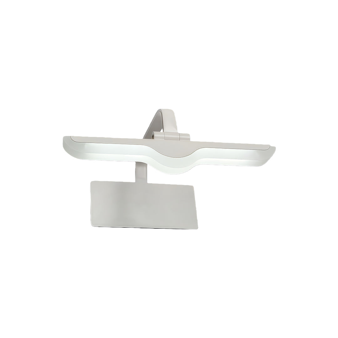 Modern white bathroom vanity light with rectangular housing and curved LED bar on white background.