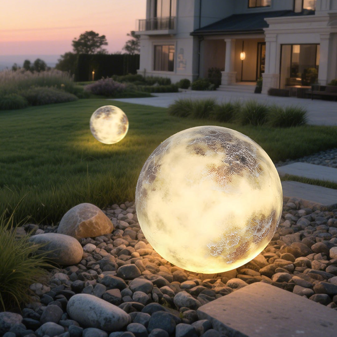 Moon light placed in the front yard of a modern home.