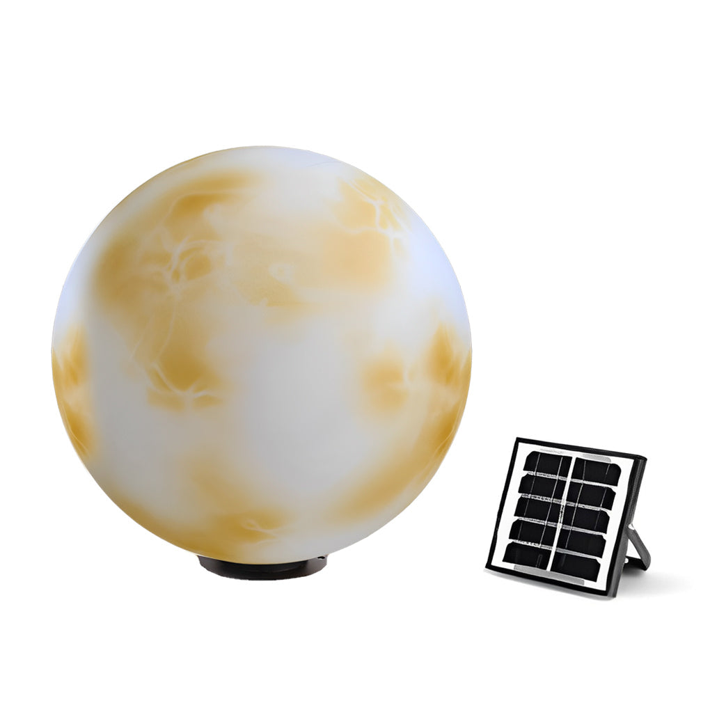 Moon-shaped stone pillar light with solar panel for eco-friendly outdoor lighting.