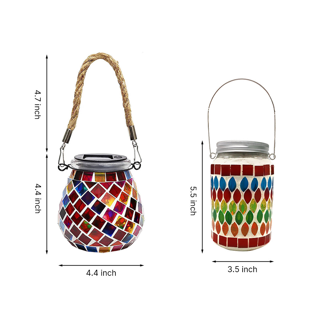 Product showcase displaying various mosaic solar light designs and waterproof outdoor features