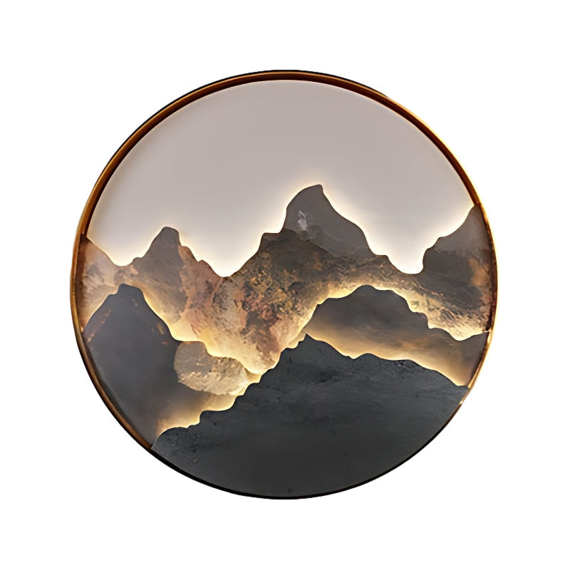 Mountain LED wall light with gold frame in product display view