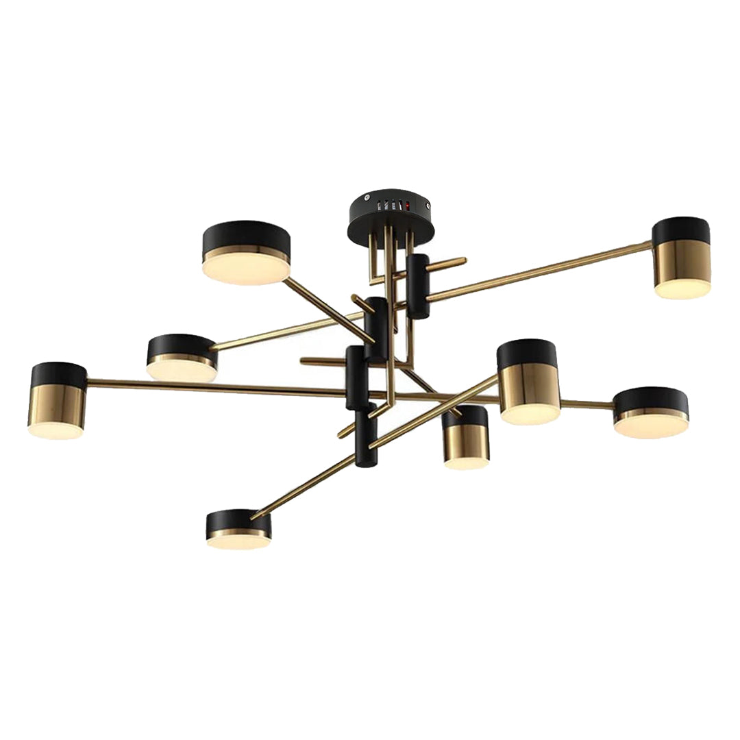 Complex black and gold sputnik ceiling light configuration with extended arms and multiple cylindrical lights.