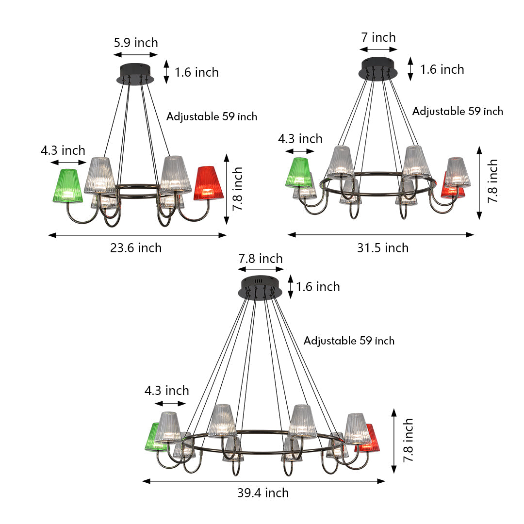 Technical assembly diagram showing wiring and installation instructions for multi-light chandelier with colored components