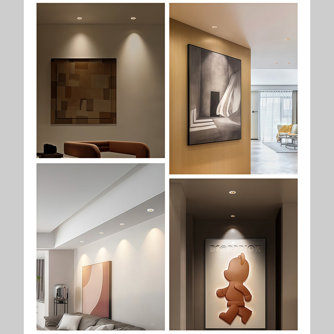 Multiple recessed LED ceiling lights providing ambient and accent illumination in residential interior.