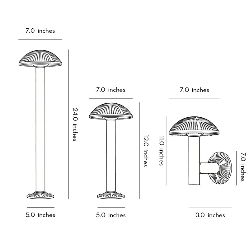 Technical diagram showing dimensions and structure of mushroom landscape lights models.