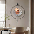 Night light wall clock adding a modern touch to a dining room with wooden furniture.
