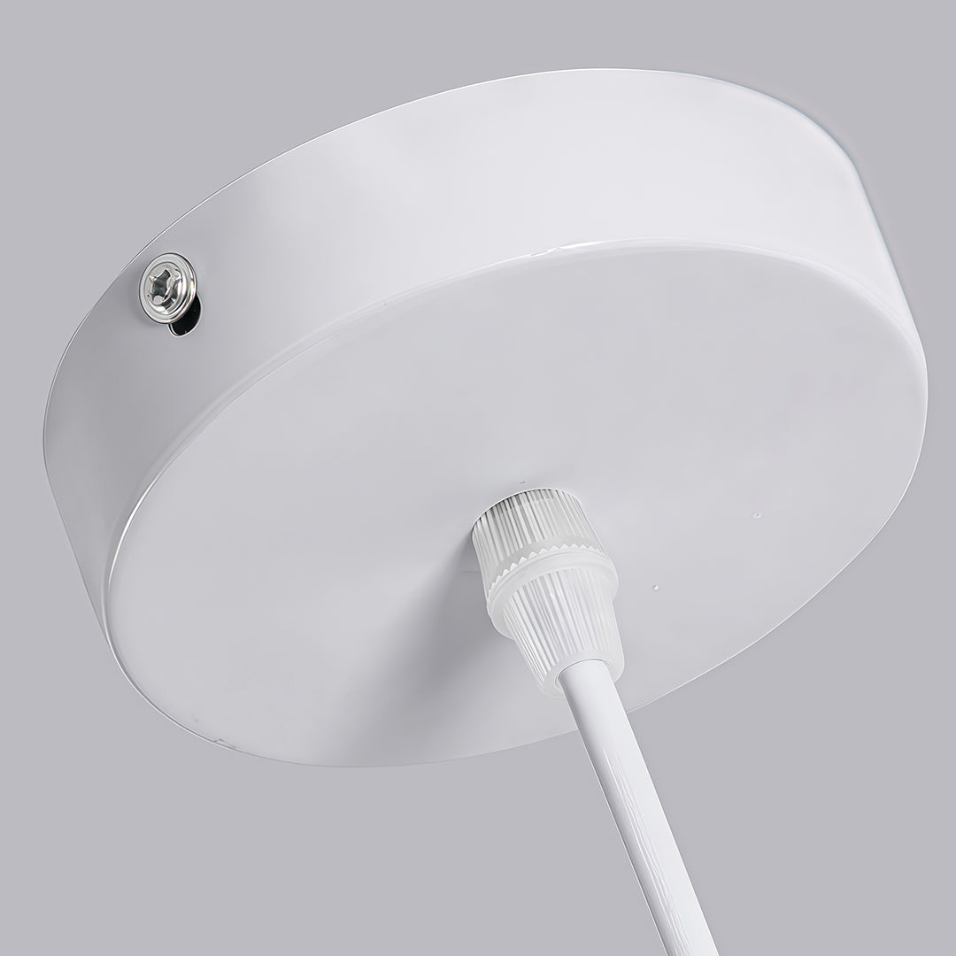 Close-up of ceiling canopy for Nordic wabi sabi pendant light in clean white finish.