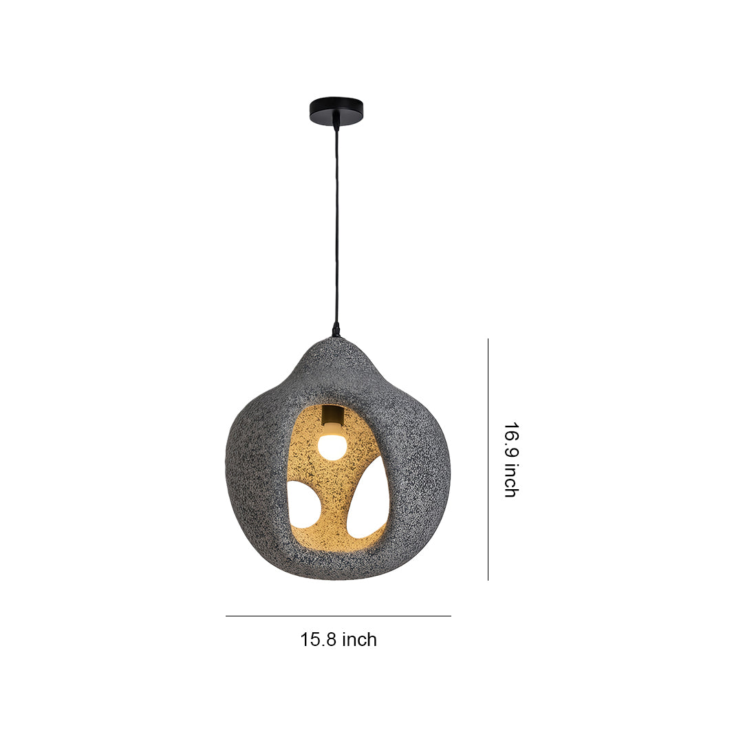 Nordic wabi sabi pendant light with natural stone-like texture and golden interior, hanging against a plain white background.