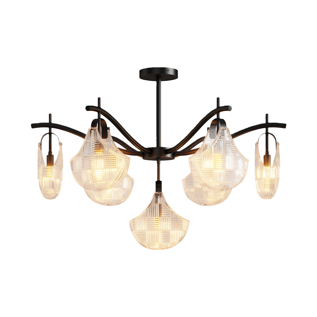 Shell chandelier light in oil-rubbed bronze with artistic shell glass arrangement.