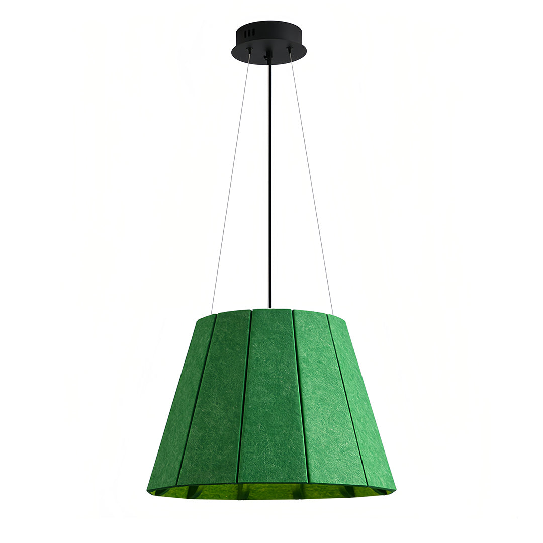 Deep olive green felt industrial pendant light fixture providing acoustic control and warm ambient light.