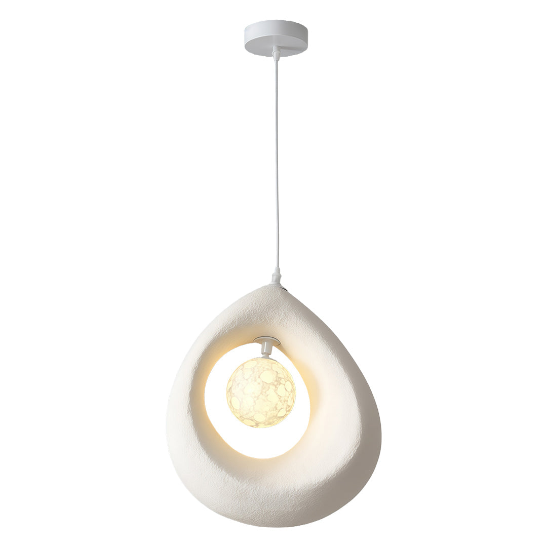 Artistic statement pendant light featuring smooth organic curves and a glowing center sphere.