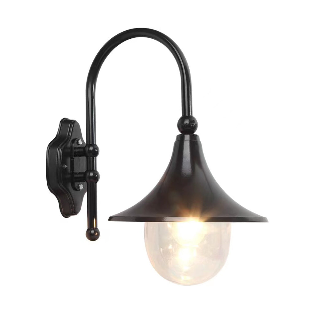 Outdoor black wall light with a sleek design, mounted on a white wall for modern illumination.