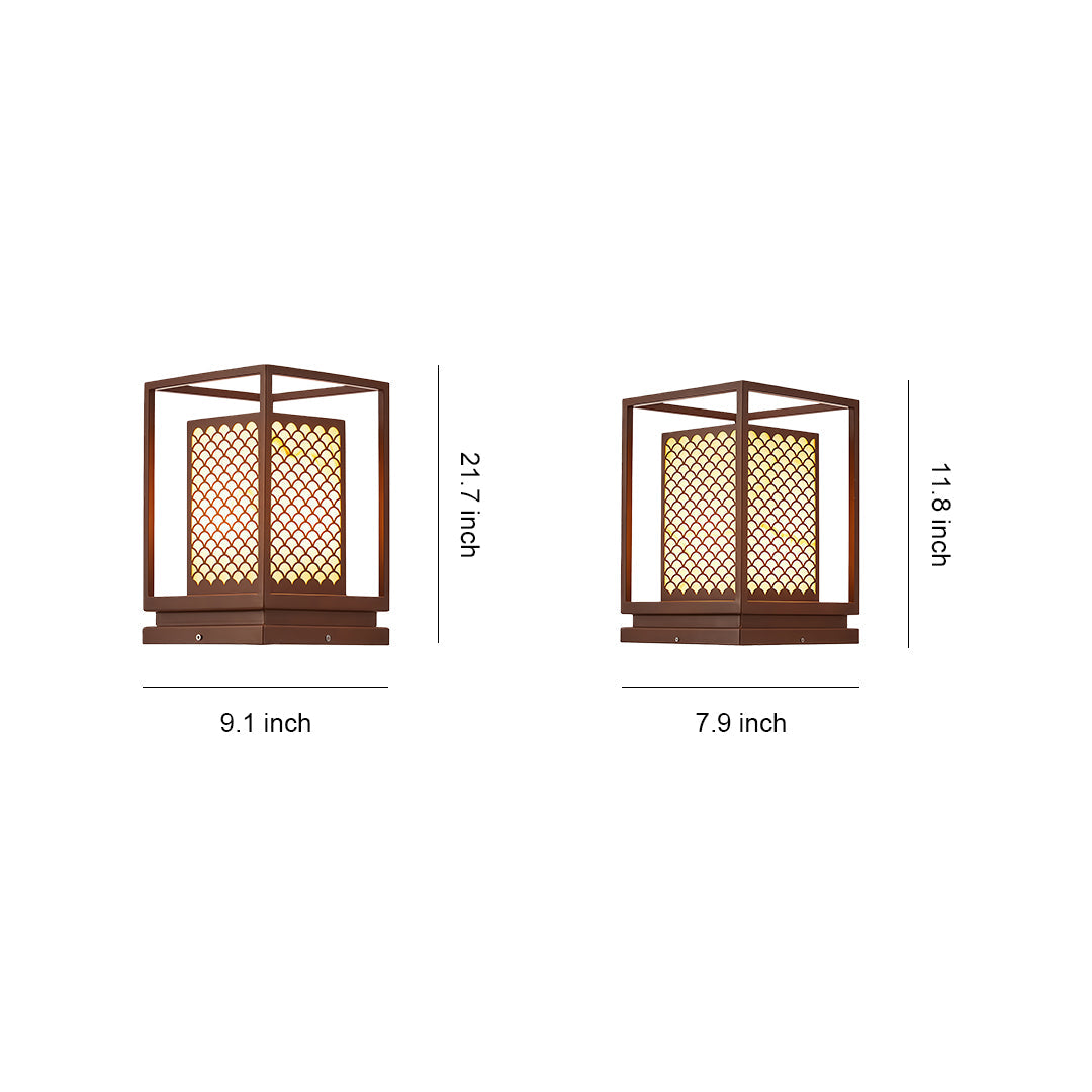 Outdoor bollard lighting with a unique geometric design, providing soft, warm illumination for garden spaces.