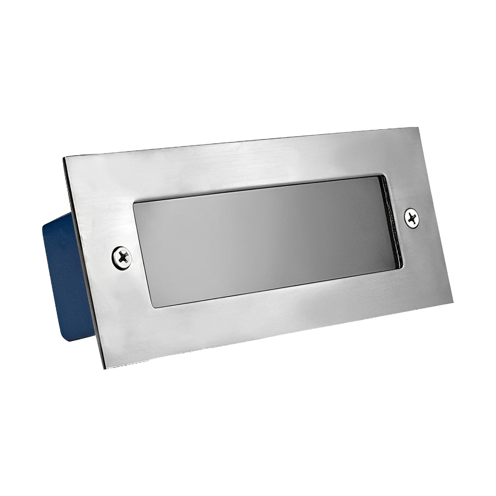 Outdoor brick light product close-up with stainless steel faceplate, designed for wall and step installation in outdoor spaces.