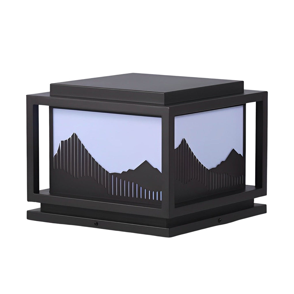 Outdoor brick pillar lights with top view highlighting the unique design.