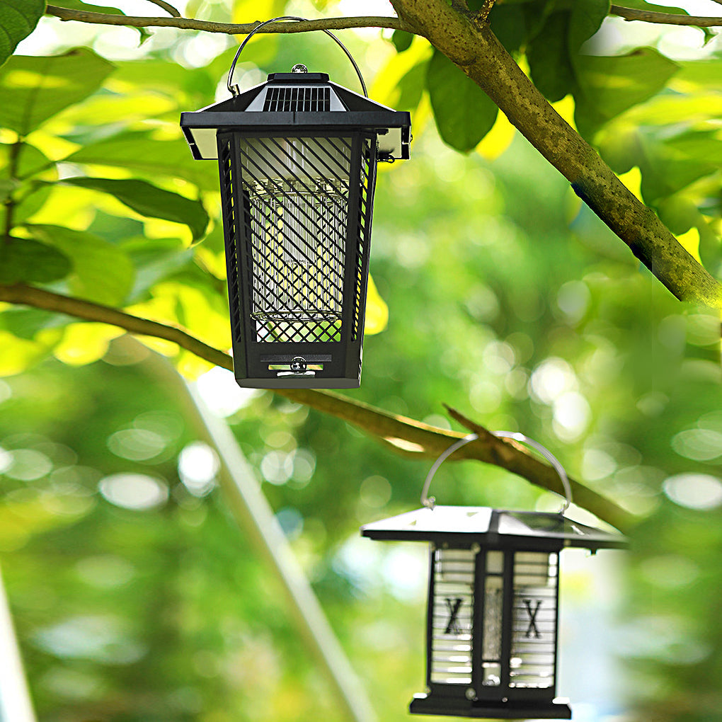 Outdoor bug repellent lights with a black finish, installed on a wooden deck.