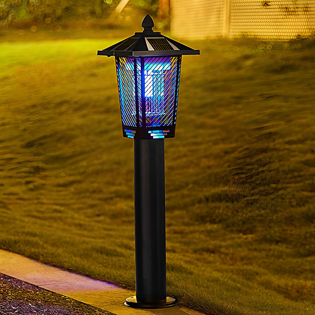 Outdoor bug repellent lights with a sleek design, mounted on a garden stake.
