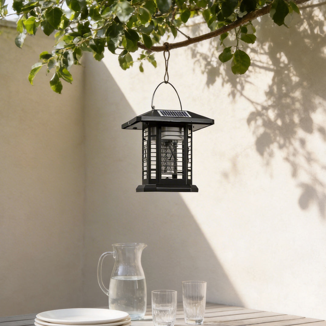 Outdoor bug repellent lights with a solar panel, hanging from a tree branch.