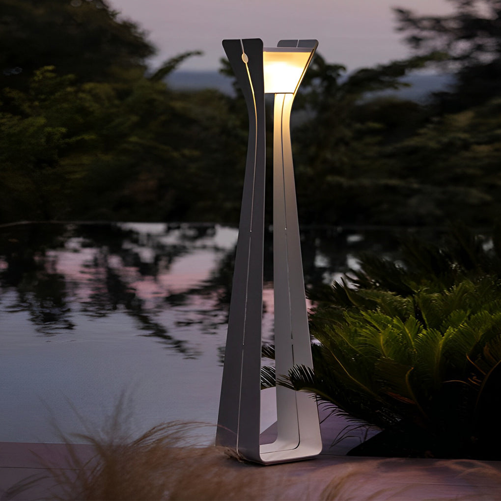 Tall outdoor floor lamps for porches reflected on a glossy surface, creating an elegant nighttime outdoor atmosphere.